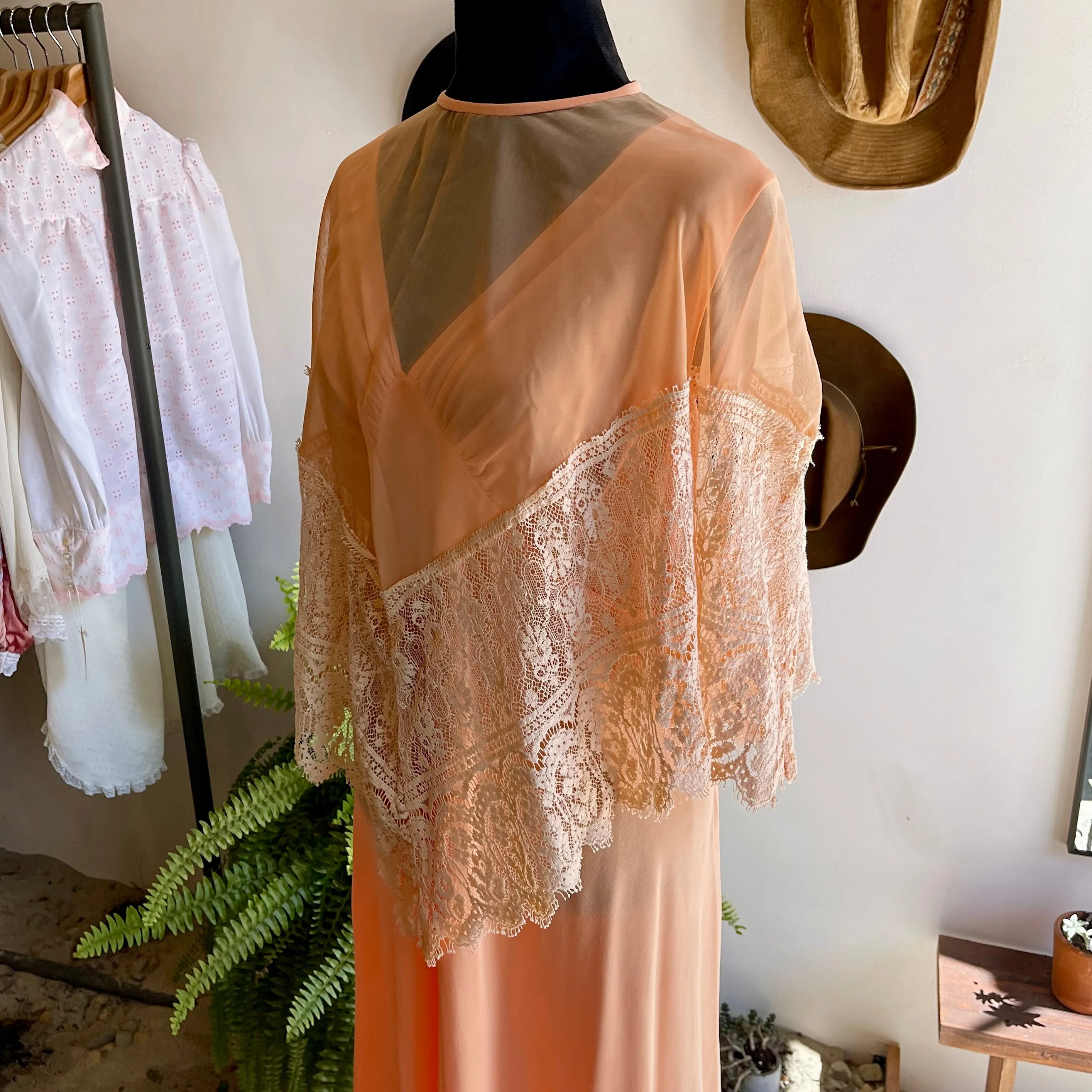 70’s Vintage sleeveless Gown with Silk Lace Cape