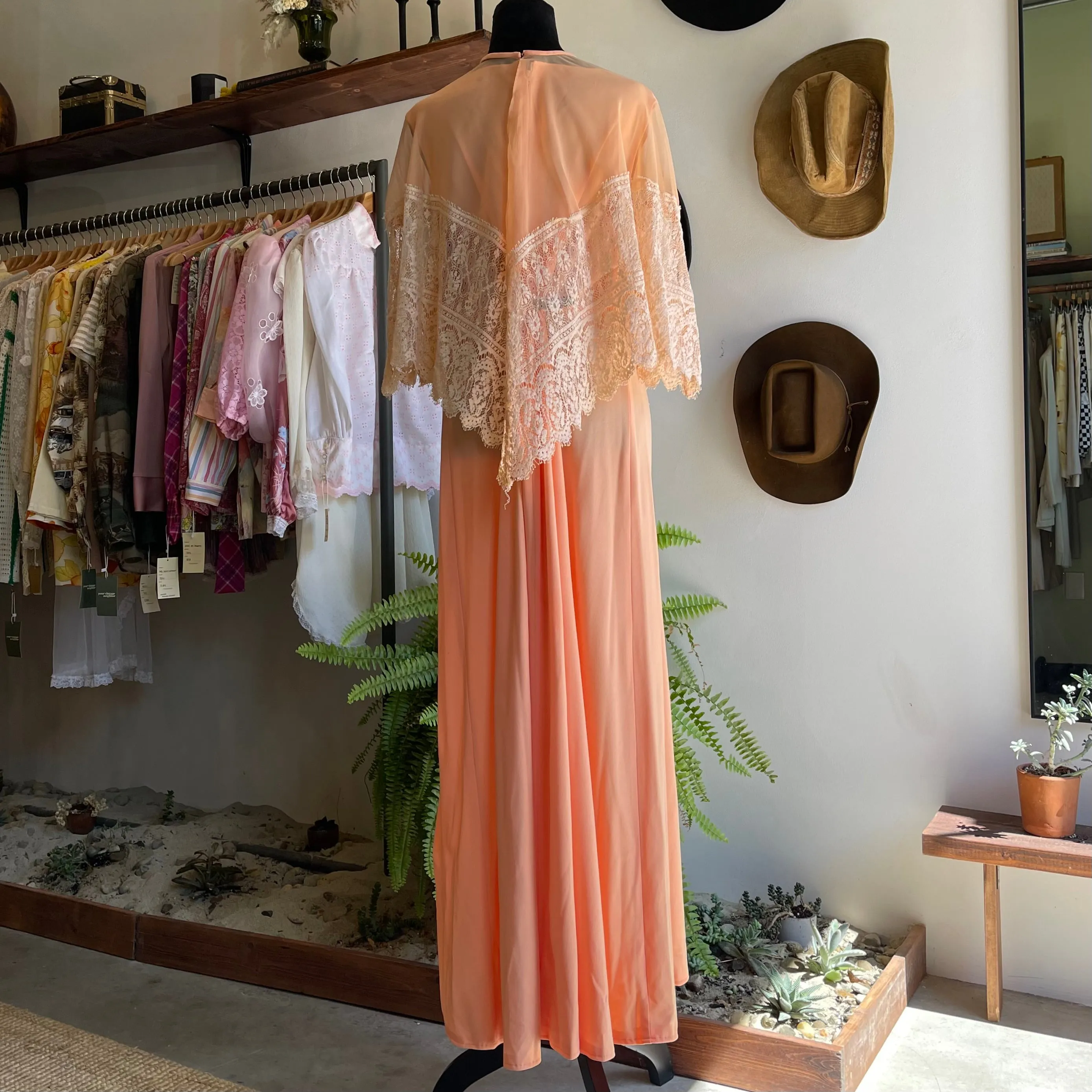 70’s Vintage sleeveless Gown with Silk Lace Cape
