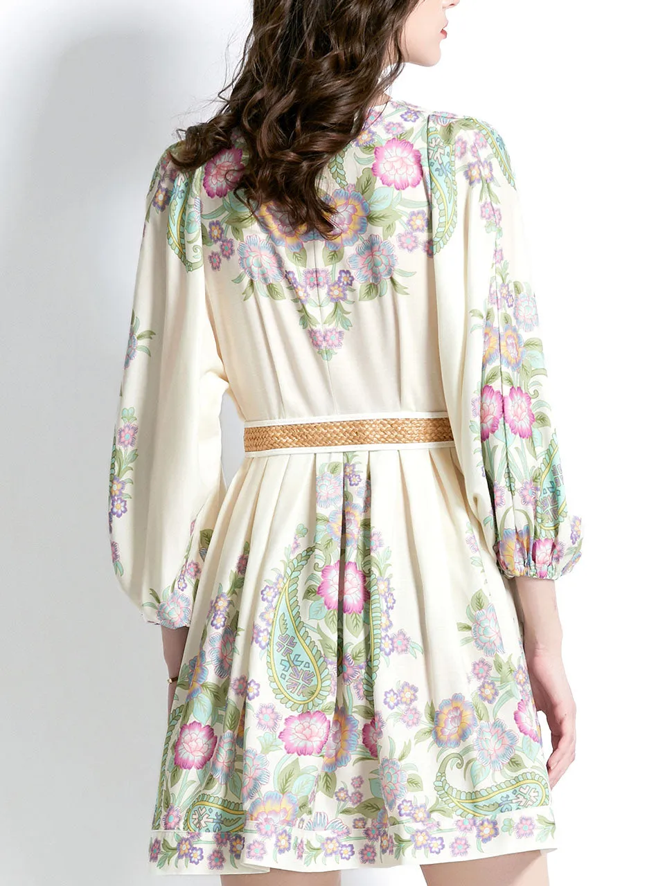 Apricot V Neck Floral Print Long Sleeve Boho Dress Mini Dress With Belt