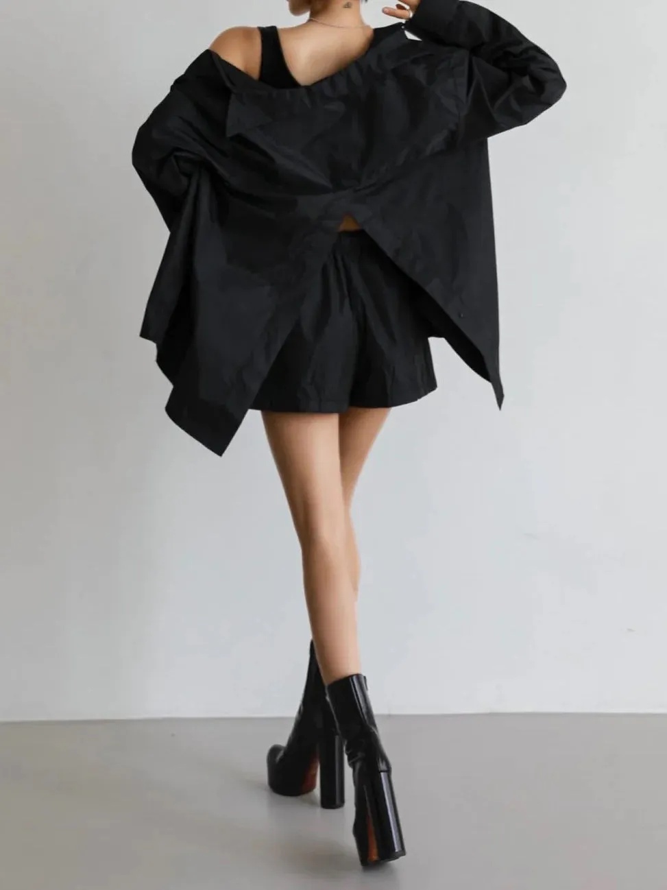 Black Button Slit Shirt and Shorts Set