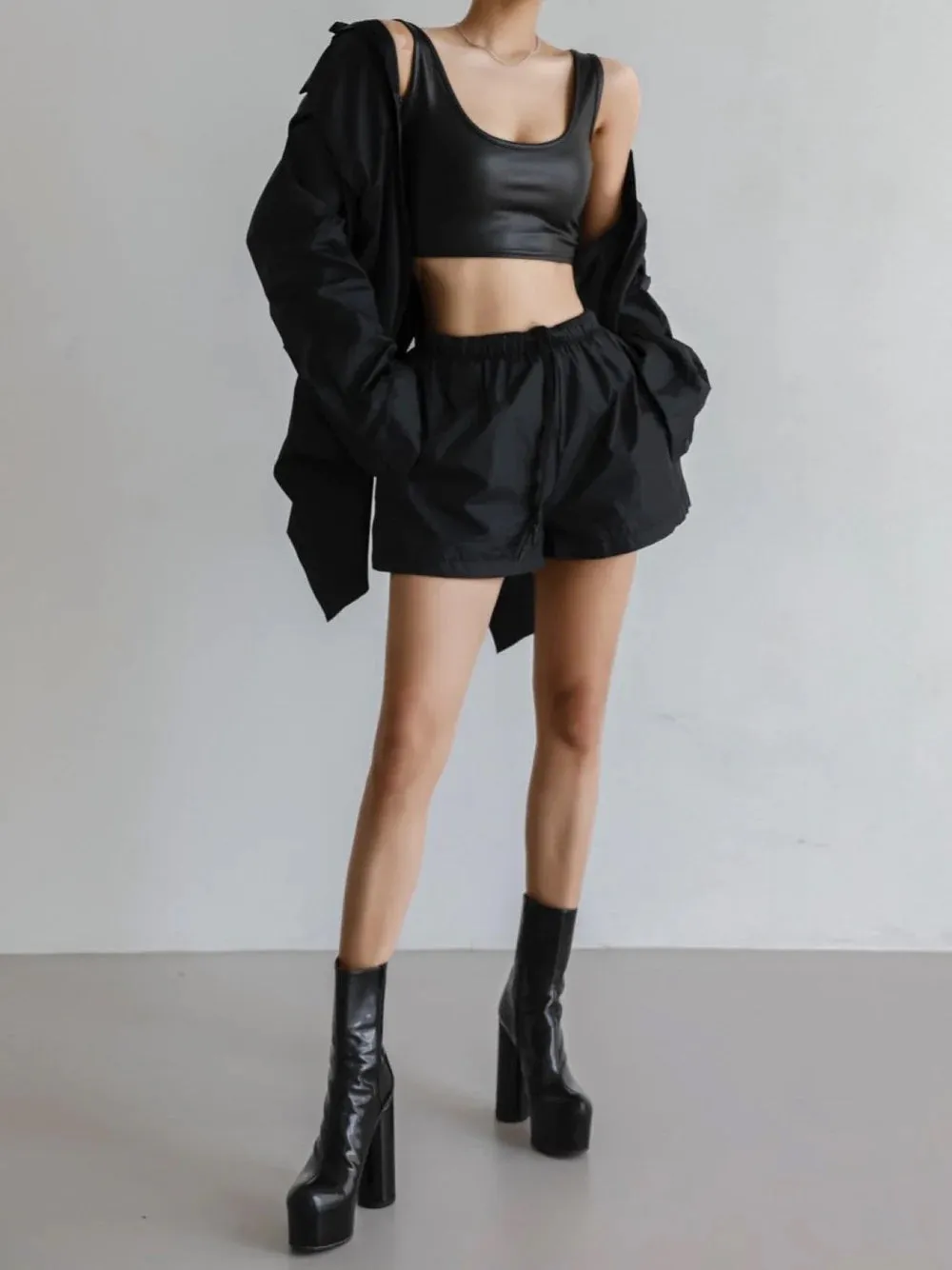 Black Button Slit Shirt and Shorts Set