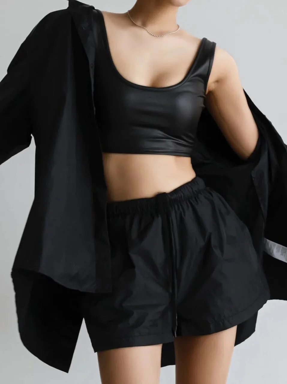 Black Button Slit Shirt and Shorts Set