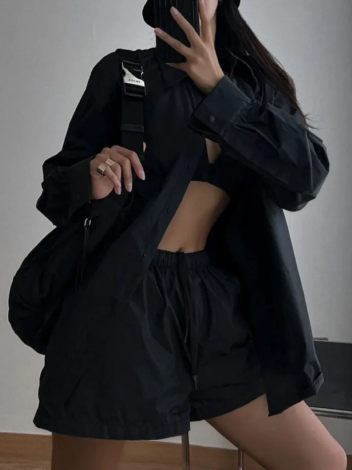 Black Button Slit Shirt and Shorts Set