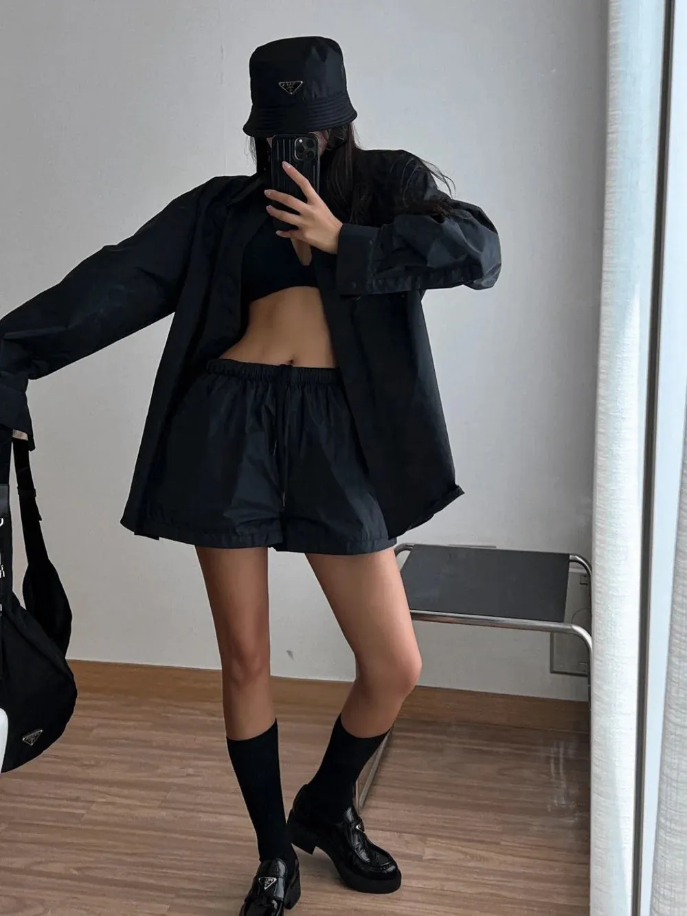 Black Button Slit Shirt and Shorts Set