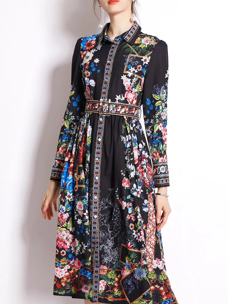 Black Turndown Collar Floral Printed Lantern Sleeve Boho Dress Maxi Dress