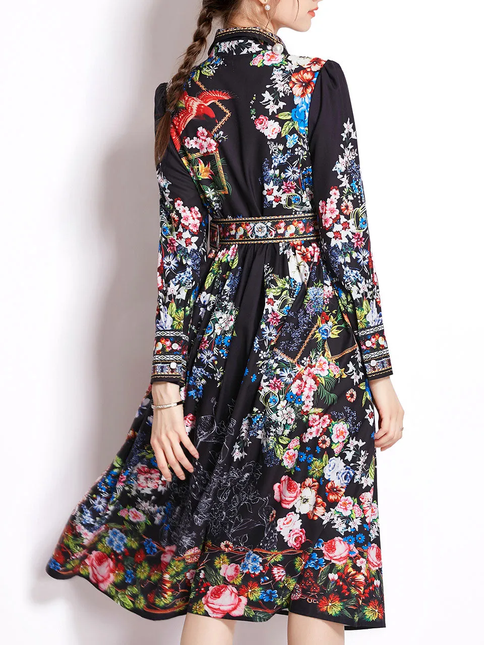 Black Turndown Collar Floral Printed Lantern Sleeve Boho Dress Maxi Dress