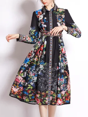 Black Turndown Collar Floral Printed Lantern Sleeve Boho Dress Maxi Dress