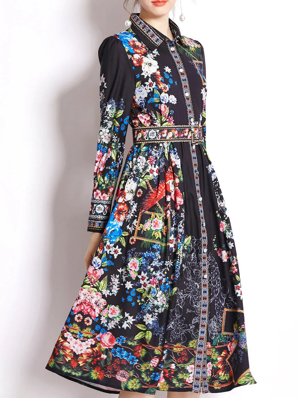 Black Turndown Collar Floral Printed Lantern Sleeve Boho Dress Maxi Dress