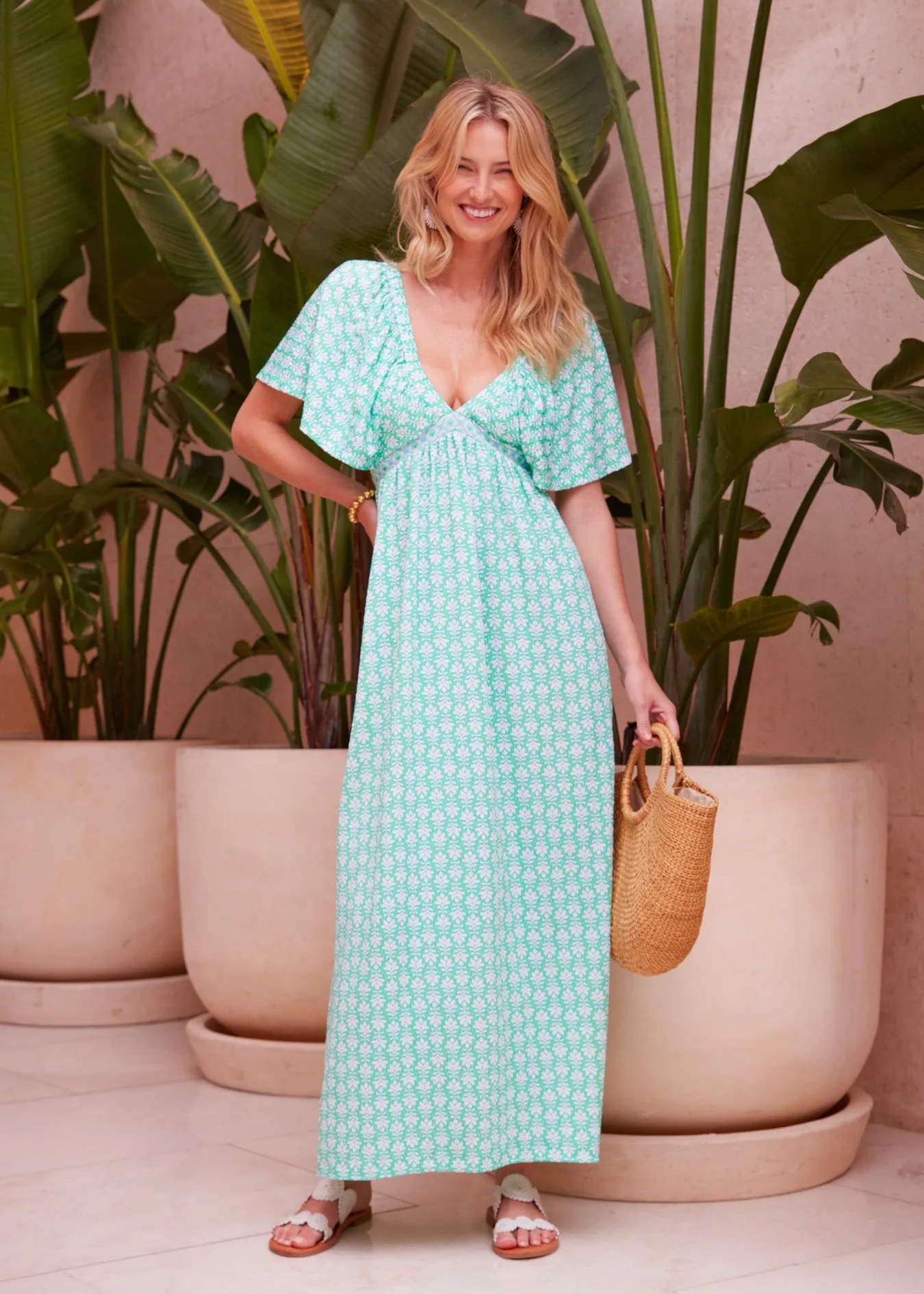 Cote d`Azur Flutter Sleeve Maxi Dress