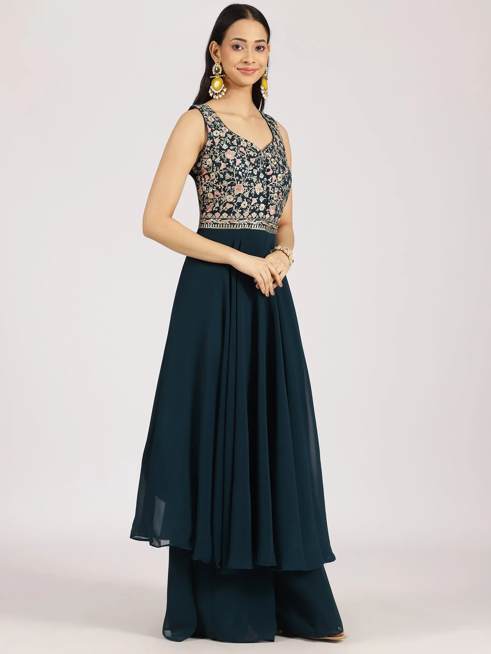 Elegant Teal Embroidered Palazzo Set with Dupatta