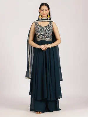 Elegant Teal Embroidered Palazzo Set with Dupatta