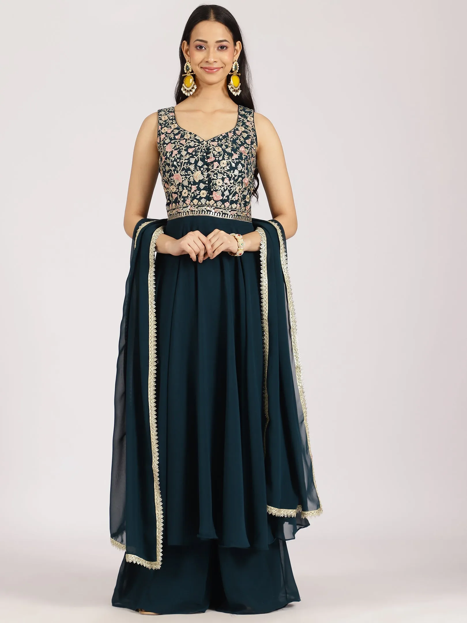 Elegant Teal Embroidered Palazzo Set with Dupatta