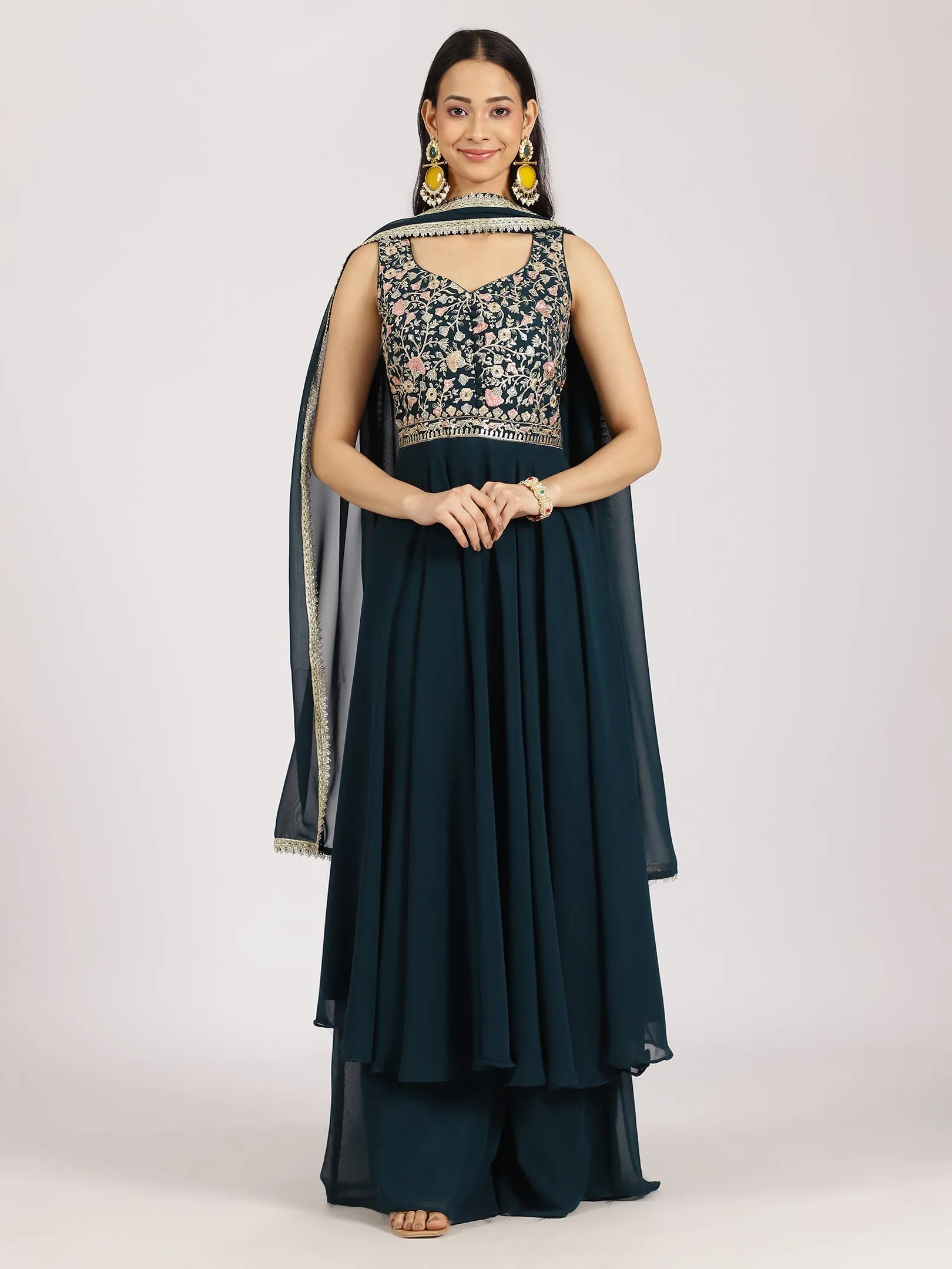 Elegant Teal Embroidered Palazzo Set with Dupatta