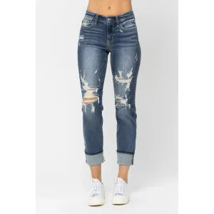 Mid-Rise Cuffed Destroyed Boyfriend Jeans