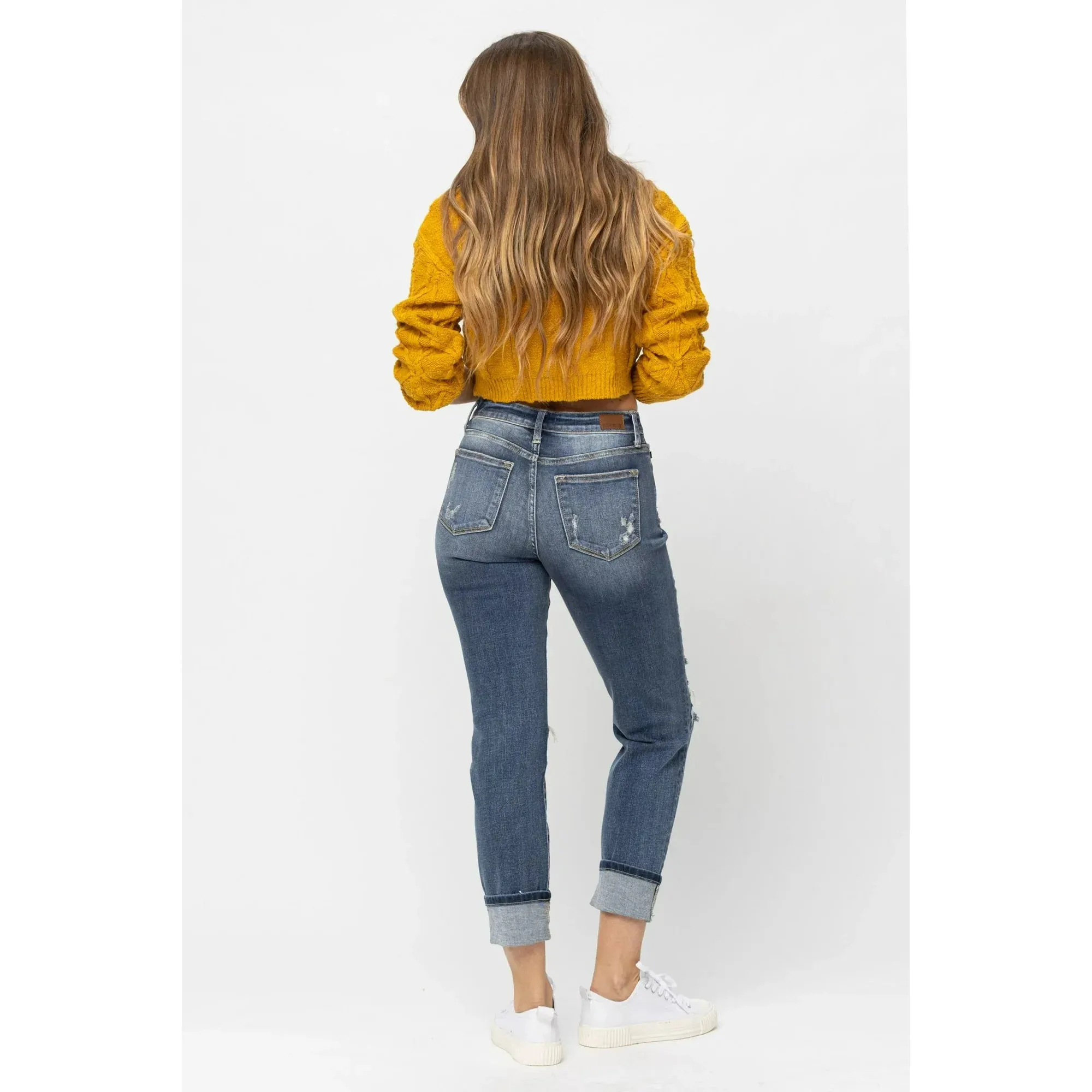 Mid-Rise Cuffed Destroyed Boyfriend Jeans