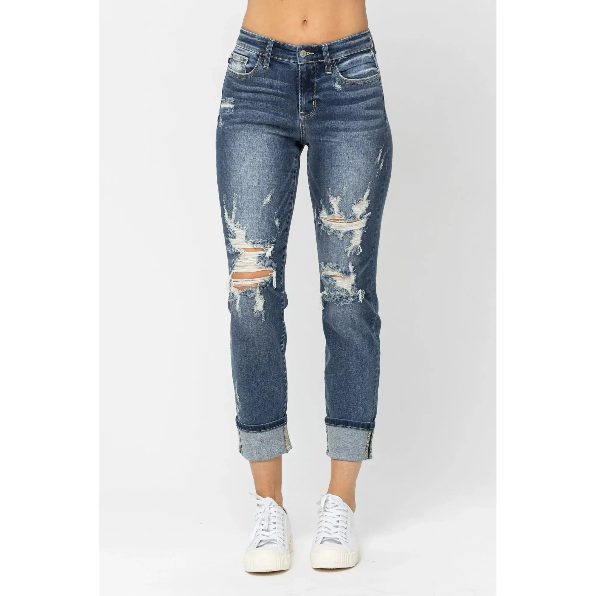 Mid-Rise Cuffed Destroyed Boyfriend Jeans