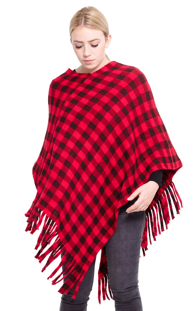 MS0131 Buffalo Plaid Poncho with Tassel