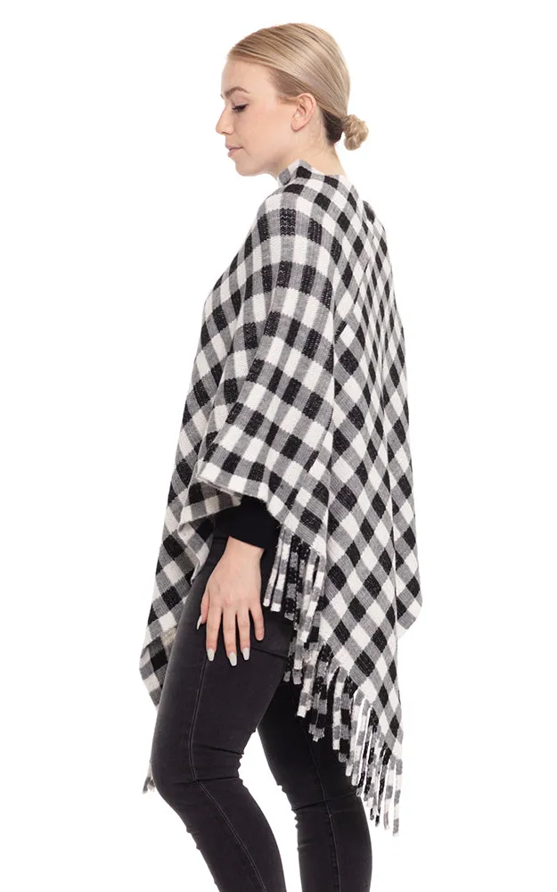 MS0131 Buffalo Plaid Poncho with Tassel