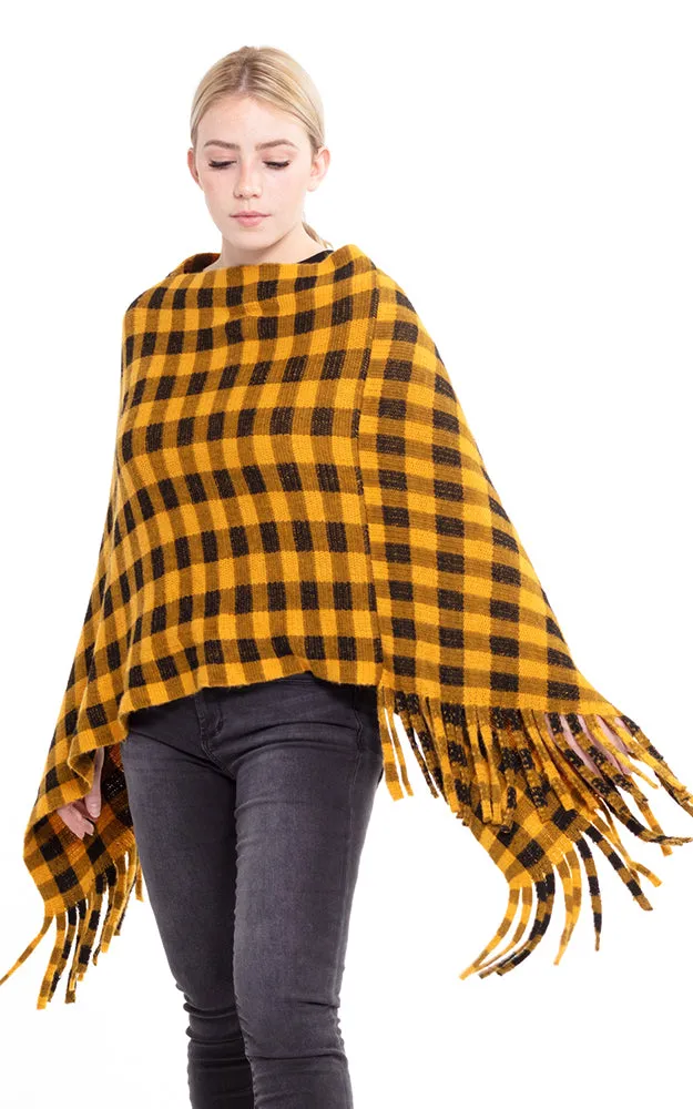 MS0131 Buffalo Plaid Poncho with Tassel