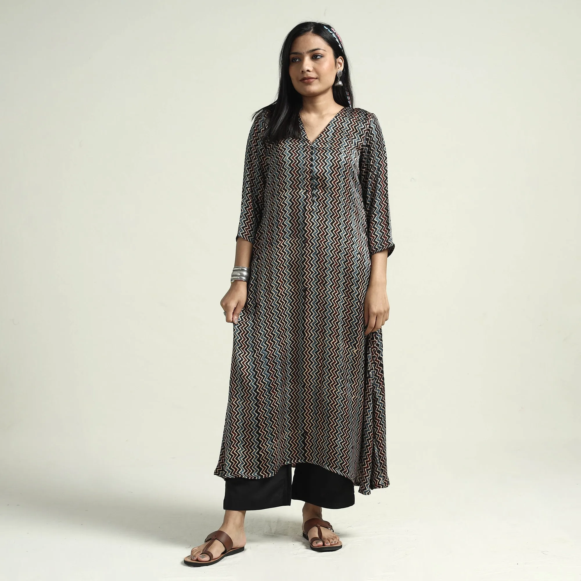 Multicolor - Ajrakh Block Printed Modal Silk Kurta with Palazzo Set