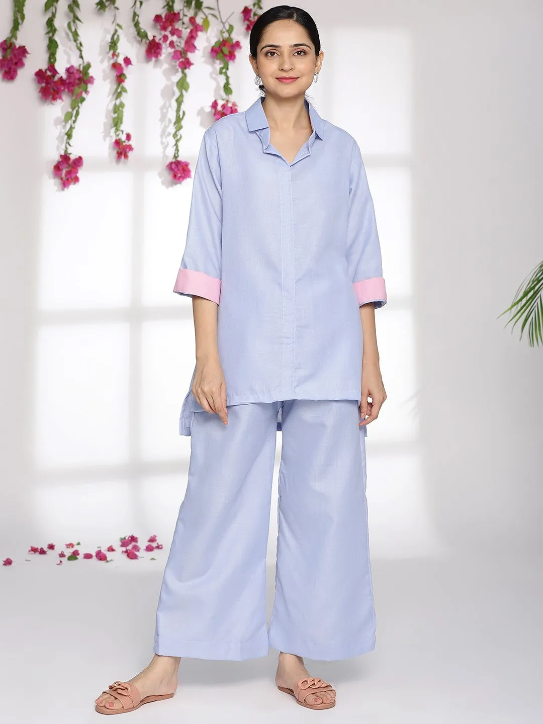 PowderBlue CottonSlub ShirtTop & Palazzo