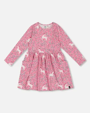 Printed Unicorn Dress With Pockets Pink