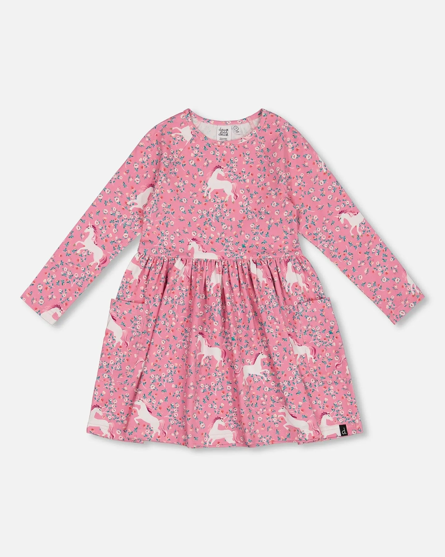 Printed Unicorn Dress With Pockets Pink