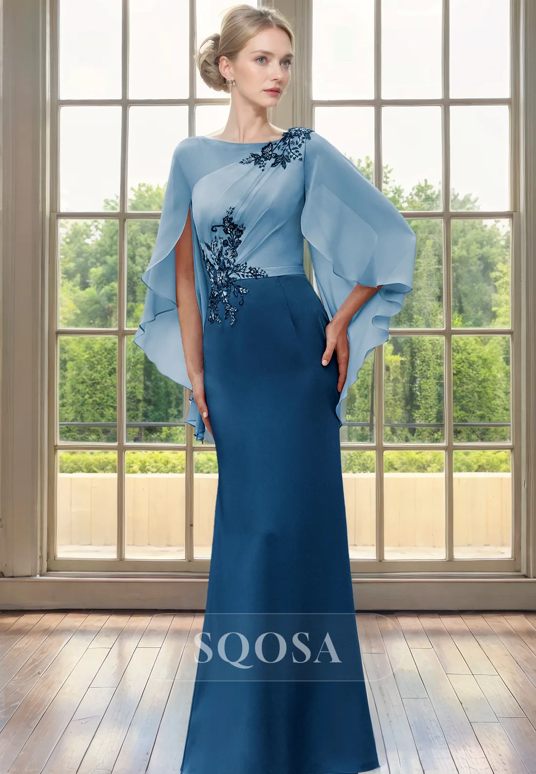 Sheath Batwing Sleeves Appliques Elegant Mother of the Bride Dress