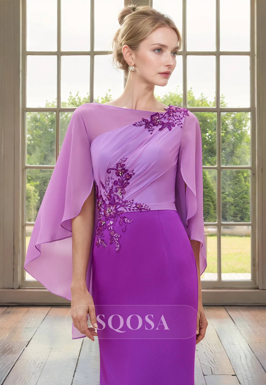 Sheath Batwing Sleeves Appliques Elegant Mother of the Bride Dress