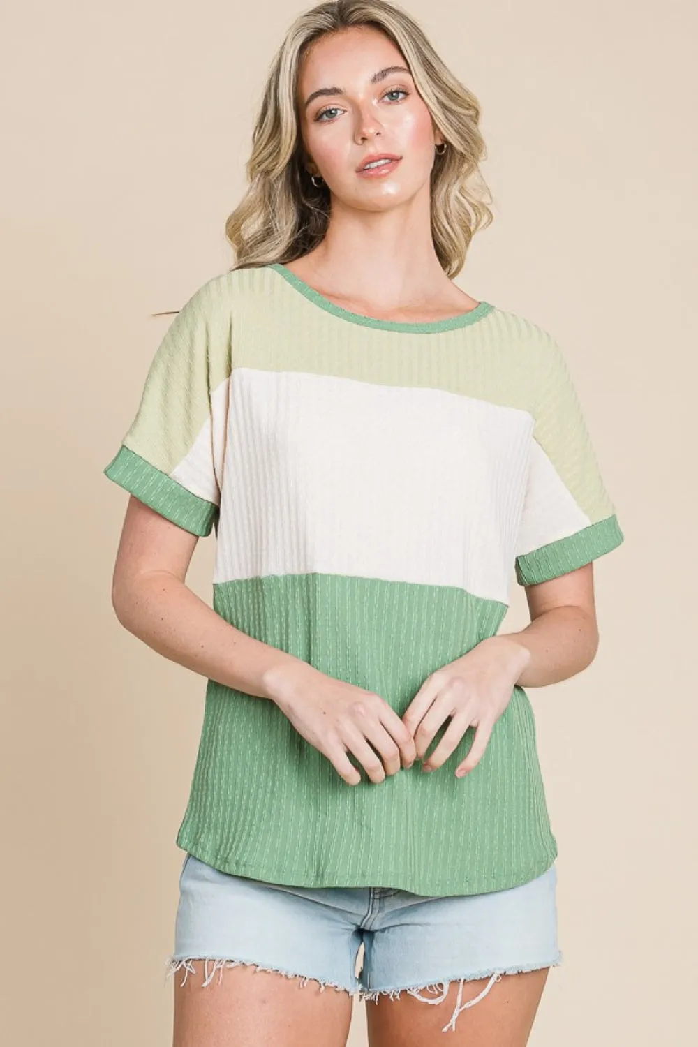 TEEK - Green Multicolor Block Short Sleeve Top