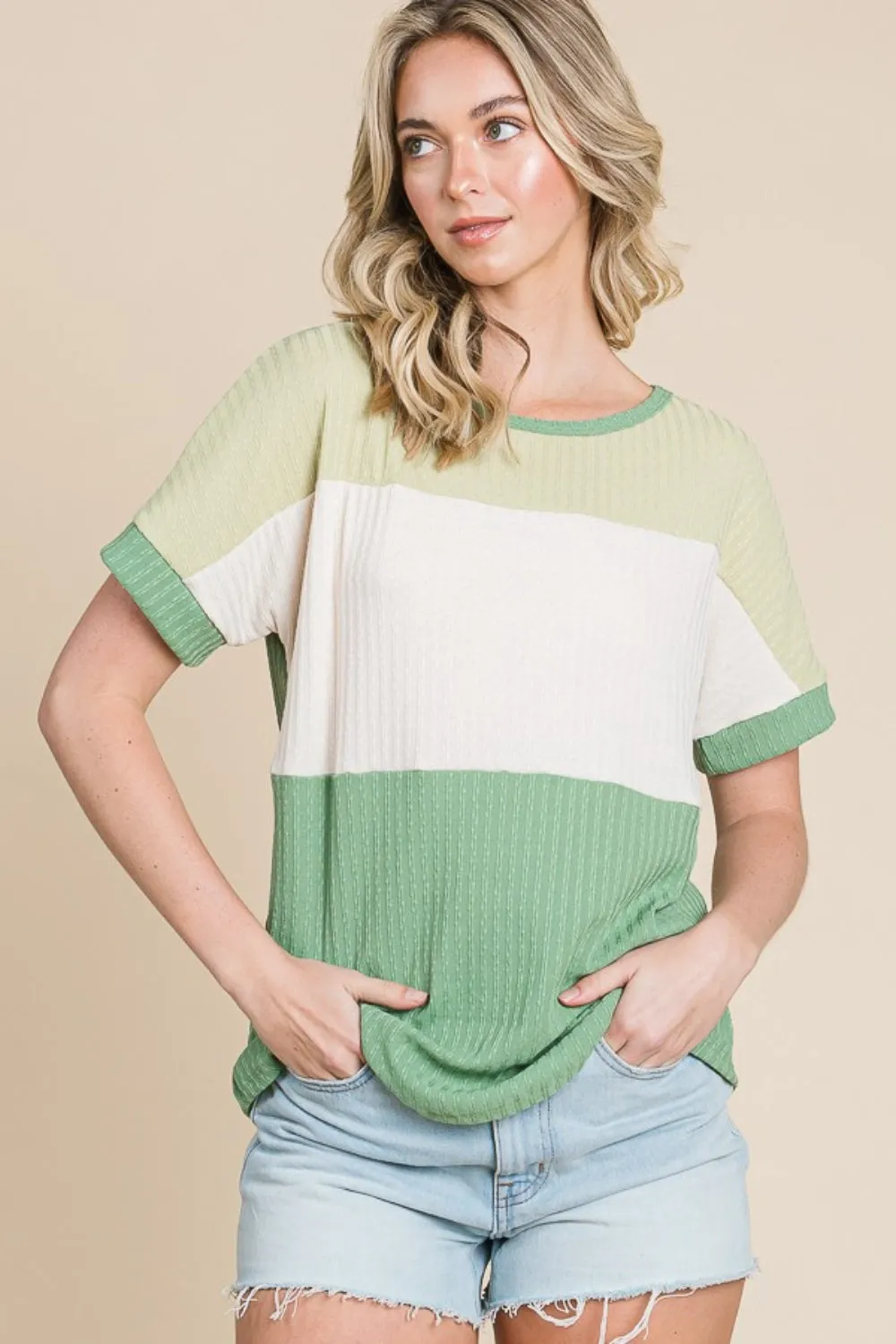 TEEK - Green Multicolor Block Short Sleeve Top