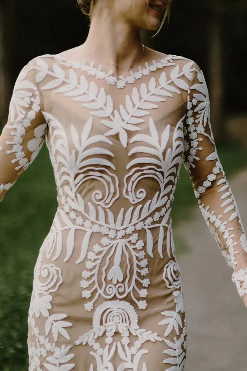 Unique Long Sleeves V Back Boho Beach Rustic Lace Wedding Dresses VK23090107