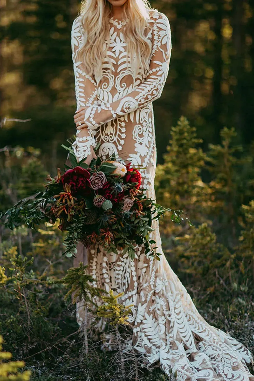 Unique Long Sleeves V Back Boho Beach Rustic Lace Wedding Dresses VK23090107