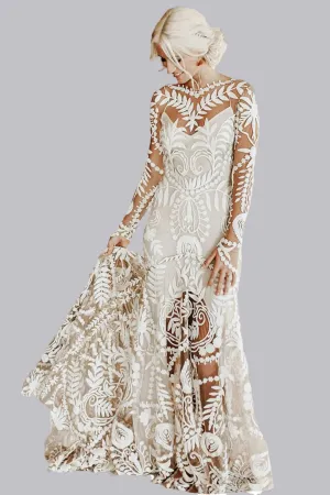Unique Long Sleeves V Back Boho Beach Rustic Lace Wedding Dresses VK23090107