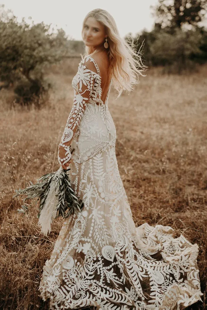 Unique Long Sleeves V Back Boho Beach Rustic Lace Wedding Dresses VK23090107