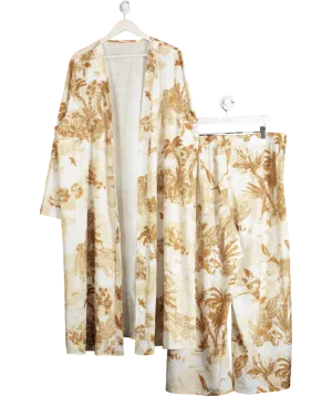 White Oriental Print Wide Leg Trousers And Kimono UK XXXL