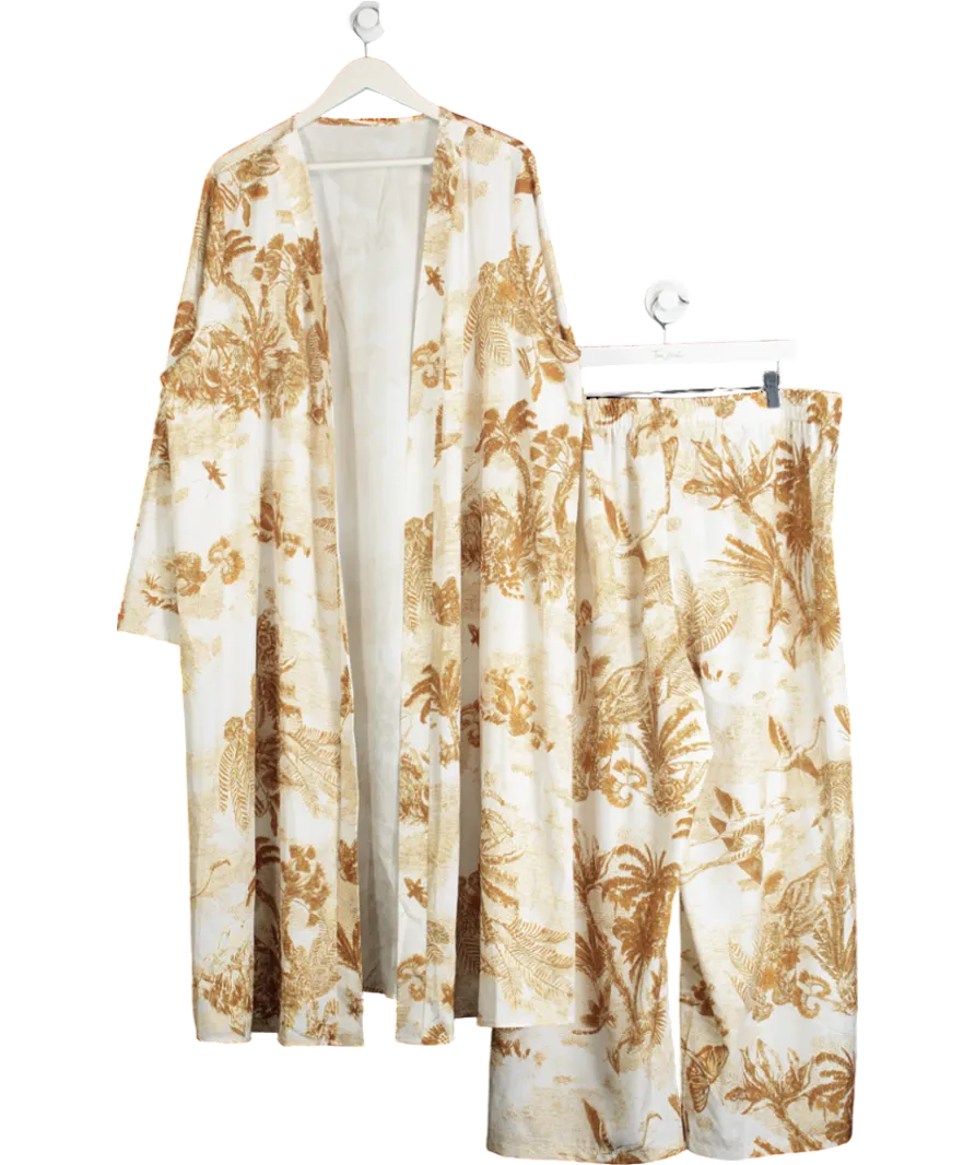 White Oriental Print Wide Leg Trousers And Kimono UK XXXL