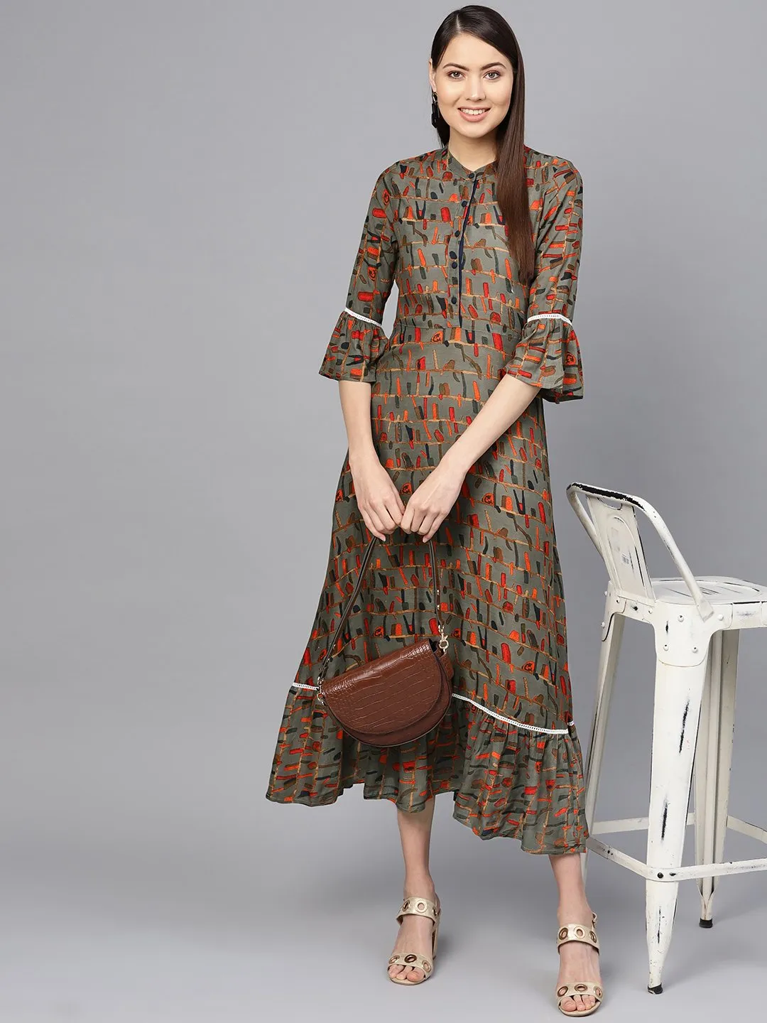 Women Olive Green & Orange Printed Maxi Dress