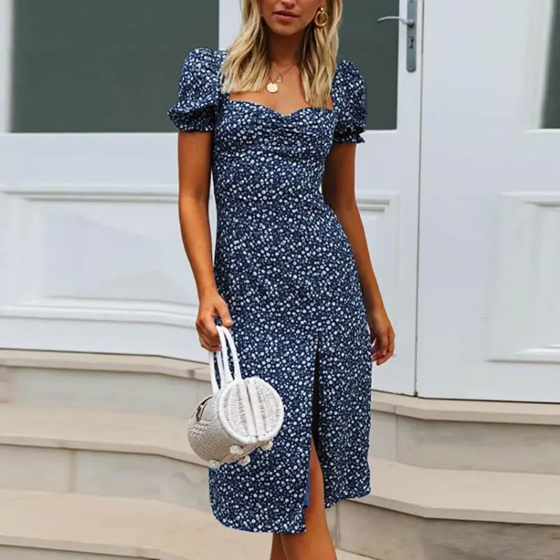 women summer square collar lantern sleeve printed midi dress