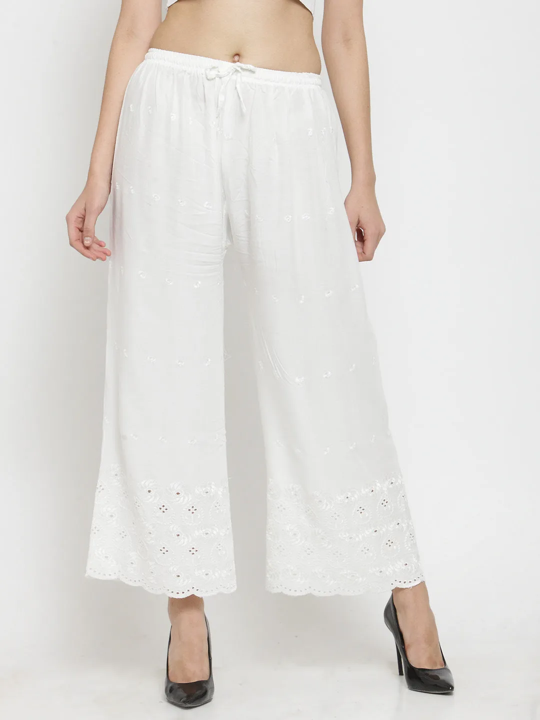 Women'S White Chikankari Rayon Palazzo