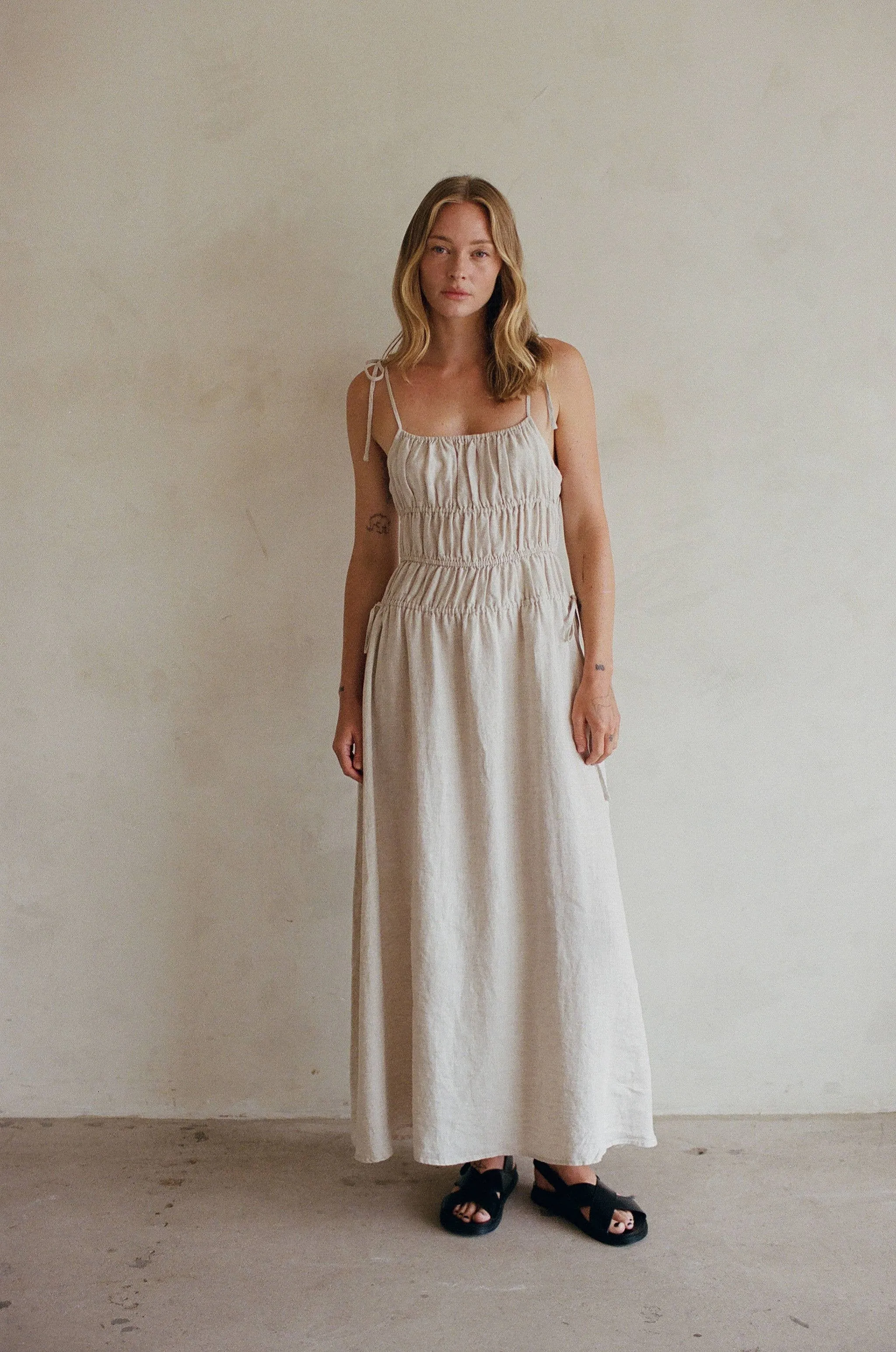Woven Linen Strap Shoulder Maxi Dress - Linen