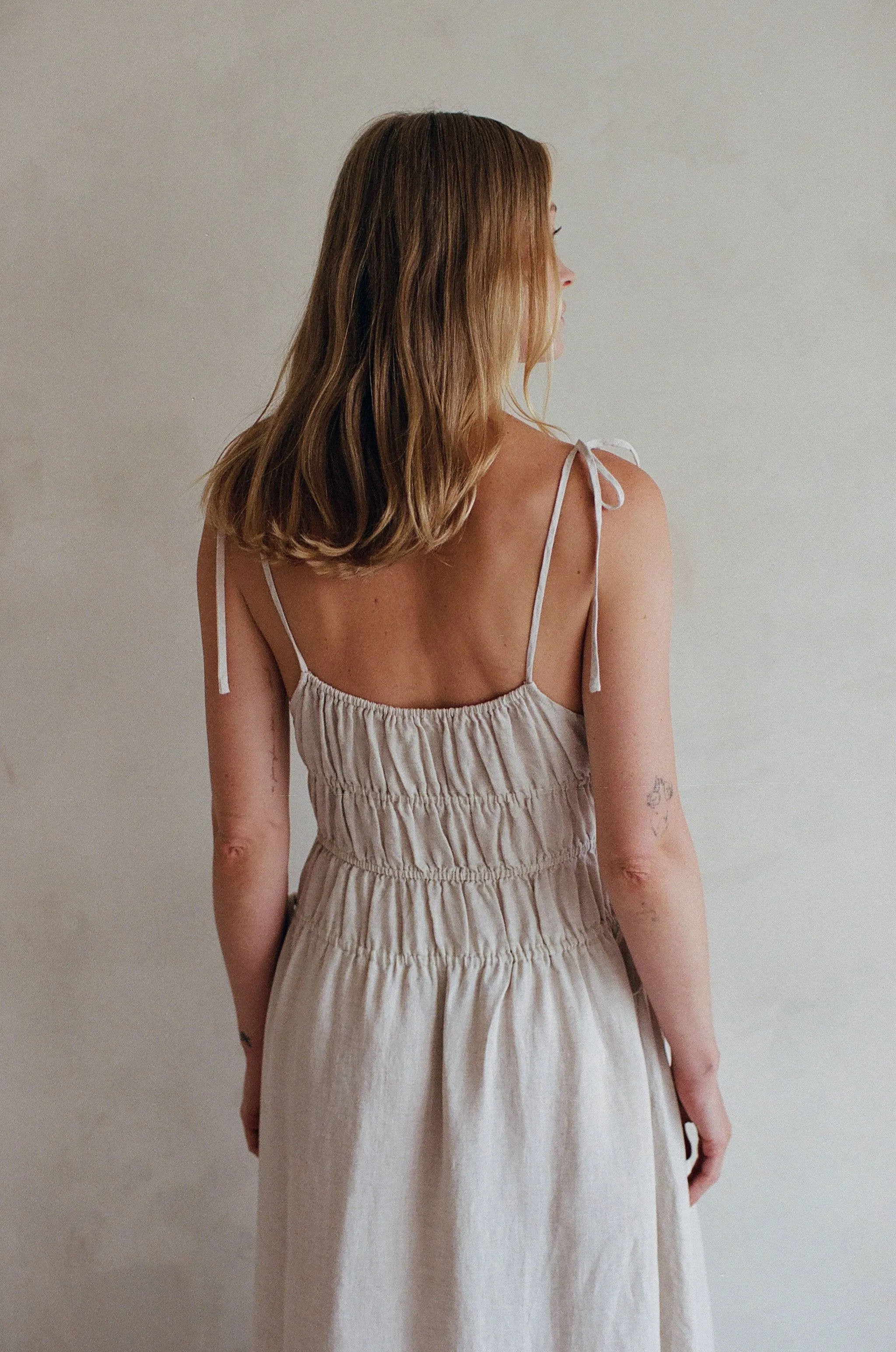 Woven Linen Strap Shoulder Maxi Dress - Linen
