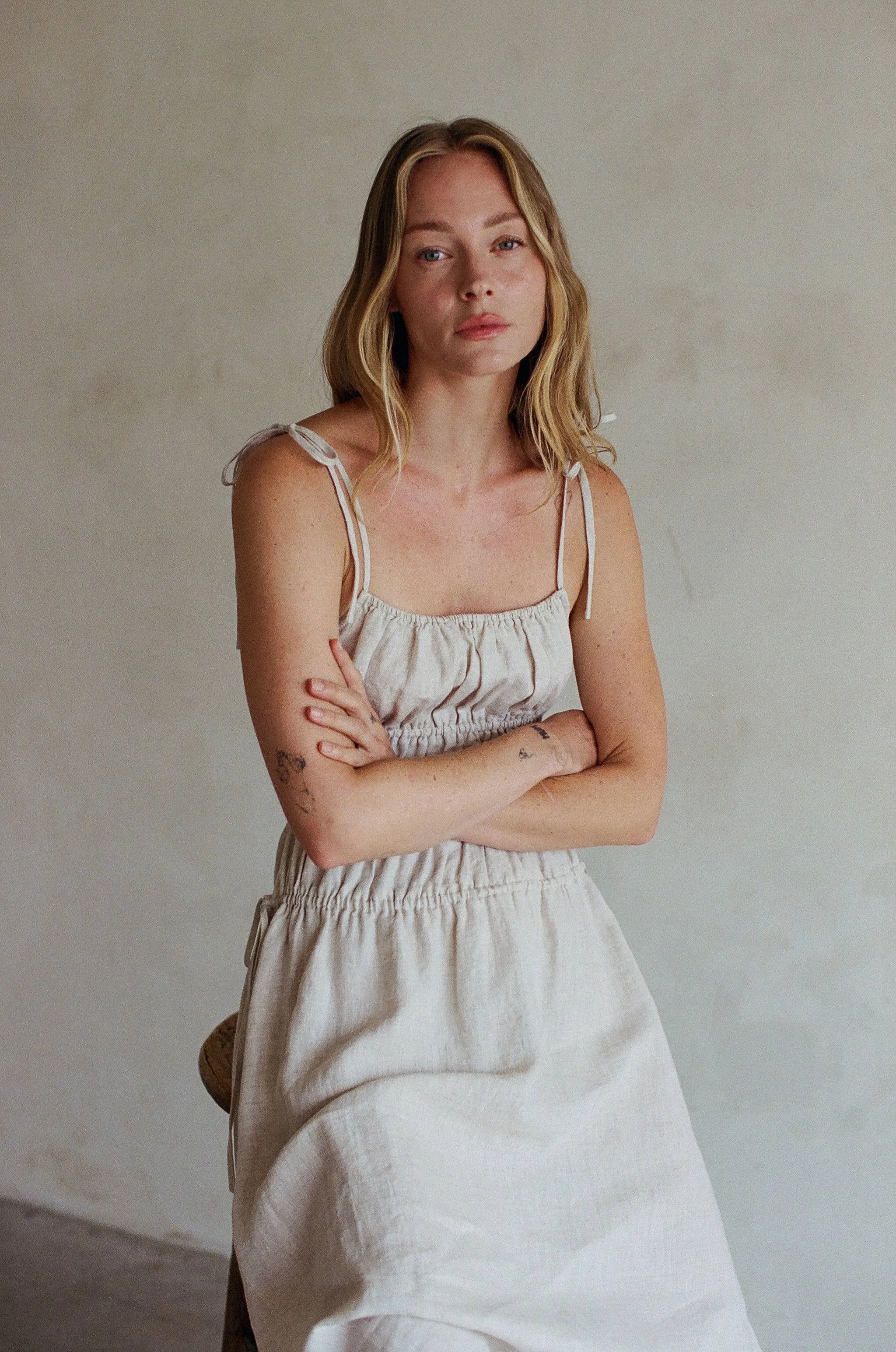 Woven Linen Strap Shoulder Maxi Dress - Linen