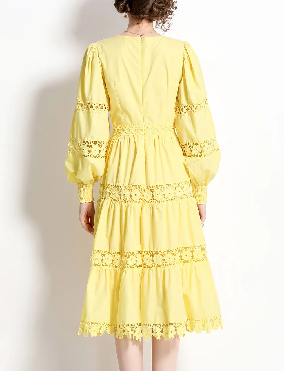 Yellow V Neck Lace Bohemia Holiday Dress For Women